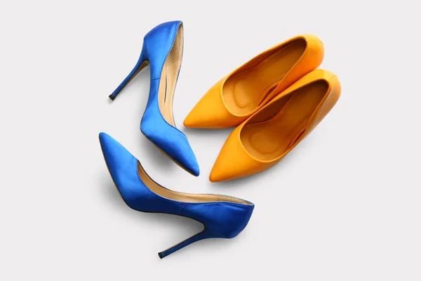 Stylish High Heeled Shoes Light Background Top View — Stock Photo, Image