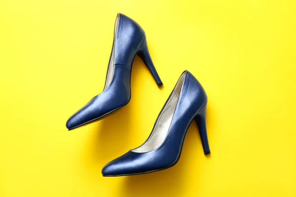 Pair Stylish High Heeled Shoes Yellow Background — Stock Photo, Image