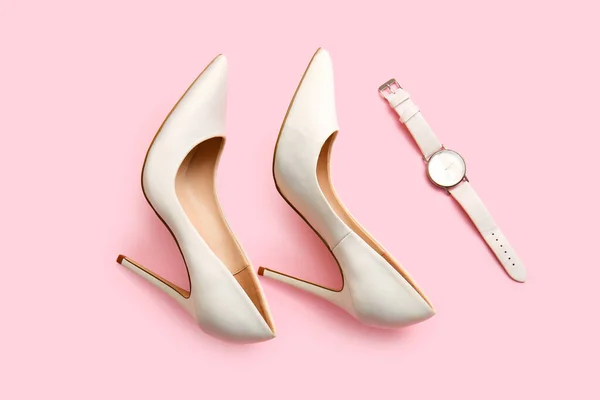 Stylish High Heeled Shoes Watch Pink Background — Stock Photo, Image