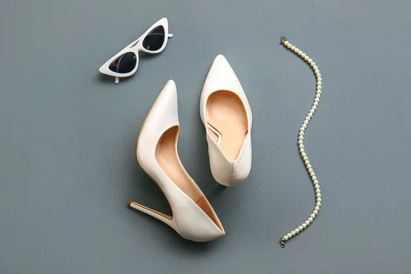 Stylish High Heeled Shoes Accessories Grey Background — Stock Photo, Image