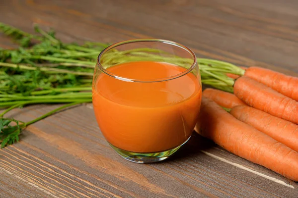 Glass Fresh Carrot Juice Wooden Background — Stock Photo, Image