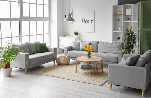 Interior Modern Living Room Grey Sofas Flower Vase Coffee Table — Stock Photo, Image