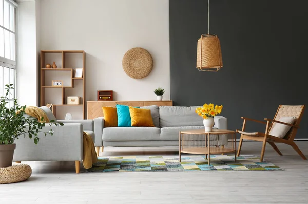 Interior Stylish Living Room Cozy Sofa Armchairs Flower Vase Coffee — Stock Photo, Image