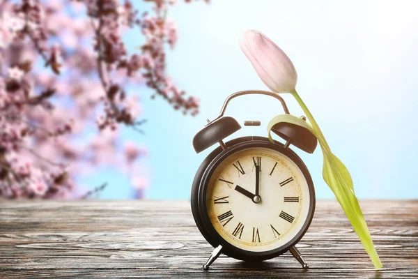 Reloj Despertador Con Flor Tulipán Sobre Mesa Jardín Primavera —  Fotos de Stock