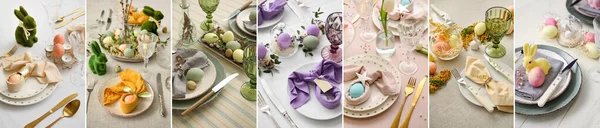 Collage Beautiful Table Settings Easter Dinner — Stok fotoğraf
