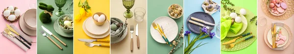 Kollázs Gyönyörű Asztal Beállítások Húsvéti Vacsora Színes Háttér — Stock Fotó