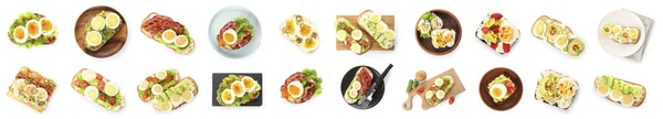 Collage Schmackhafter Toasts Mit Gekochten Eiern Auf Weißem Hintergrund Ansicht — Stockfoto