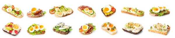 Collage Välsmakande Rostat Bröd Med Kokta Ägg Vit Bakgrund — Stockfoto