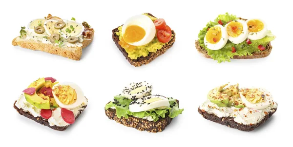Collection Tasty Toasts Boiled Eggs White Background — Stock Photo, Image