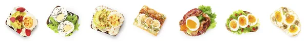Koláž Chutných Toastů Vařenými Vejci Bílém Pozadí Horní Pohled — Stock fotografie