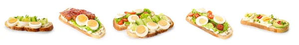 Collage Tasty Toasts Boiled Eggs White Background — Stock Photo, Image