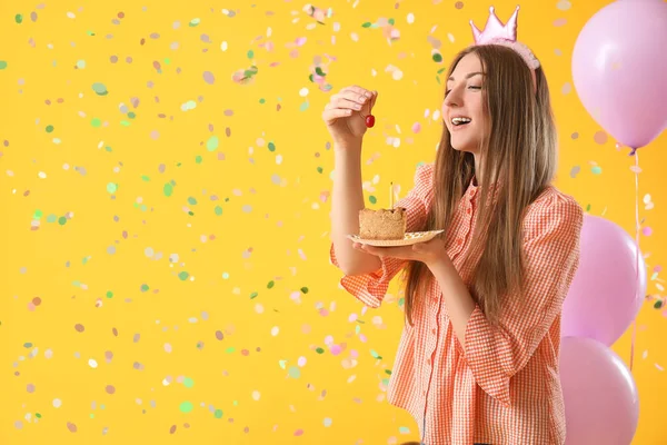 Happy Young Woman Cherry Piece Birthday Cake Yellow Background — Stock Photo, Image