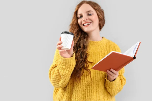 Beautiful Redhead Woman Cup Coffee Book Grey Background — Stock Photo, Image