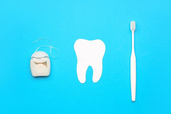 Dental Floss Model Tooth Brush Blue Background — Stock Photo, Image