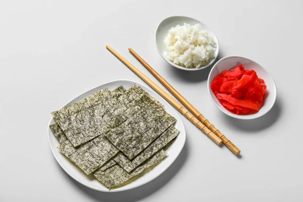Plate Nori Sheets Rice Ginger Chopsticks White Background — Stock Photo, Image
