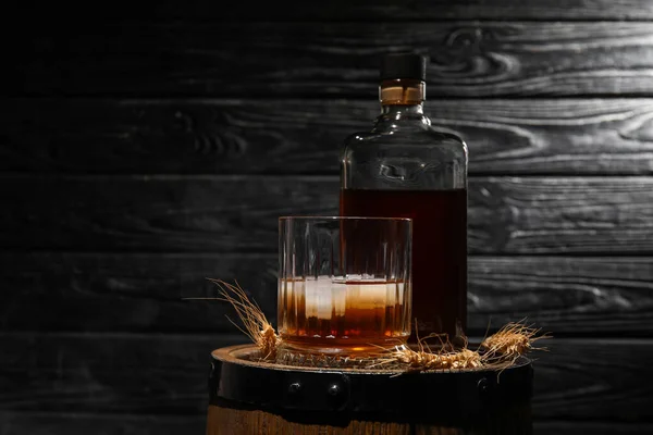 Bottle Glass Cold Rum Barrel Dark Wooden Background — Stock Photo, Image