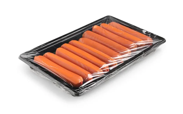 Packing Box Tasty Sausages White Background — Stock Photo, Image