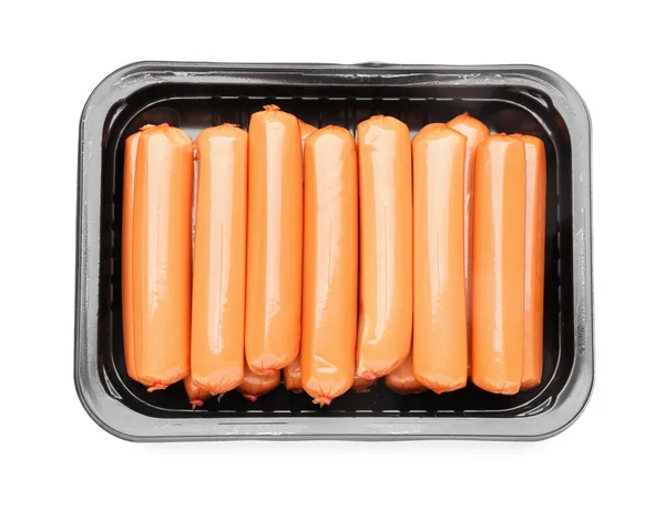 Packing Box Tasty Sausages White Background — Stock Photo, Image