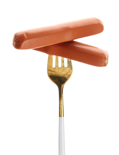 Fork Tasty Sausages Isolated White Background — Stock Photo, Image