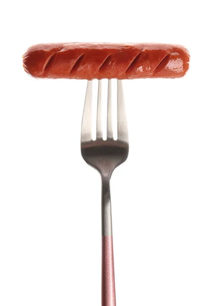 Fork Tasty Grilled Sausage Isolated White Background — Stock Photo, Image