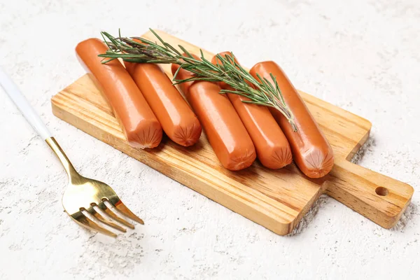 Wooden Board Tasty Sausages Light Background — Stock Photo, Image