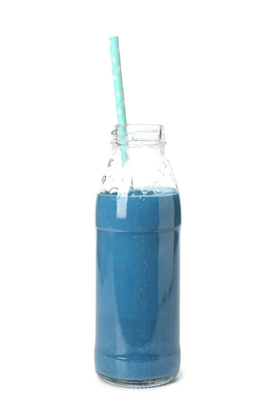 Glasflasche Mit Leckerem Blauen Smoothie Mit Stroh Auf Weißem Hintergrund — Stockfoto