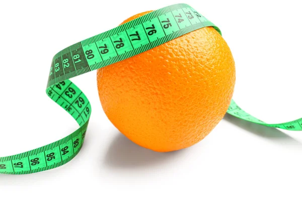 Orange Green Measuring Tape White Background Diet Concept — Stock Photo, Image