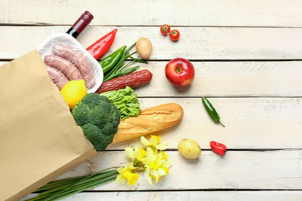 Paper Bag Vegetables Sausages Wine Bottle White Wooden Background — Stock Photo, Image