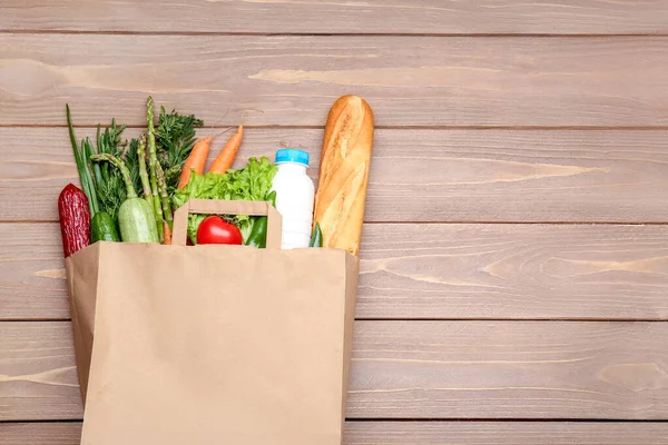 Paper Bag Vegetables Milk Bread Wooden Background — Stock Photo, Image