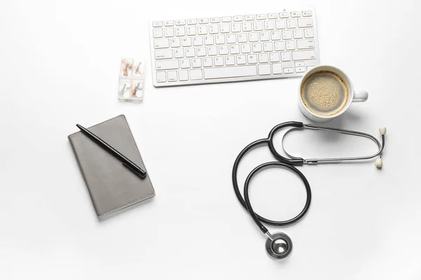 Stethoscope Keyboard Coffee Notebook Doctor Table — Stock Photo, Image
