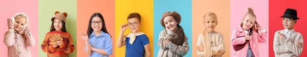 Gruppe Von Stilvollen Kleinen Kindern Auf Farbigem Hintergrund — Stockfoto
