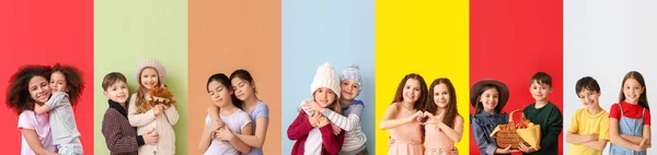 Collage Lindos Niños Pequeños Sobre Fondo Color —  Fotos de Stock