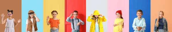 Collage Van Modieuze Kleine Kinderen Kleur Achtergrond — Stockfoto