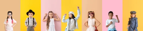 Collage Von Trendigen Kleinen Kindern Auf Farbigem Hintergrund — Stockfoto