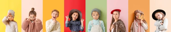 Collage Van Stijlvolle Kleine Kinderen Kleur Achtergrond — Stockfoto
