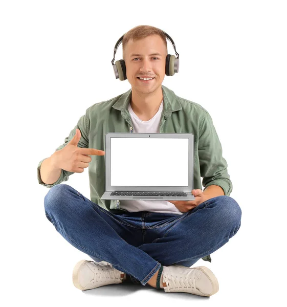 Young Man Headphones Pointing Laptop White Background Online Education — Stock Photo, Image