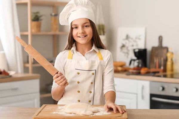 Little Baker Rolling Pin Dough Table Kitchen — Stock Photo, Image