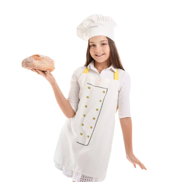 Mały Piekarz Świeżym Chlebem Białym Tle — Zdjęcie stockowe