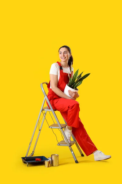 Young Woman Houseplant Ladder Paint Cans Yellow Background — Fotografia de Stock