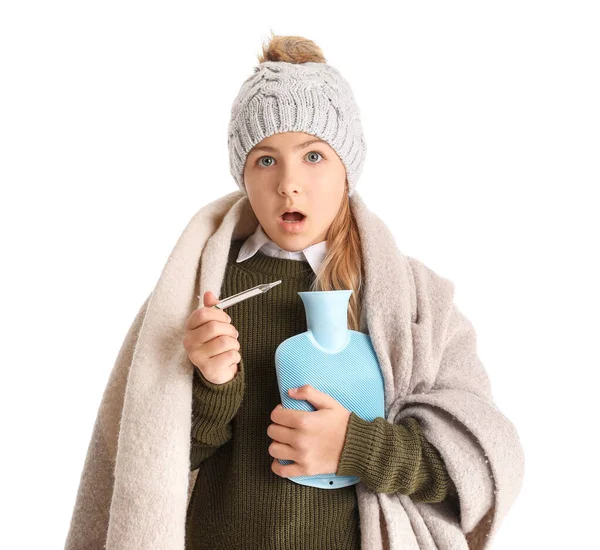 Shocked Ill Girl Thermometer Hot Water Bottle White Background — 图库照片