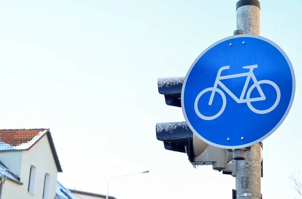 View Bicycle Lane Sign Traffic Lights City Closeup — Stock Photo, Image