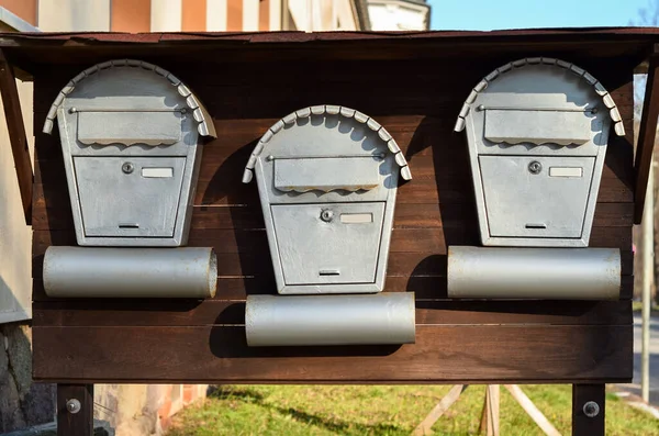 View Wooden Board Metal Mailboxes Outdoors — Stock Photo, Image