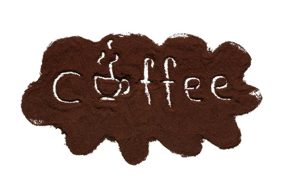 白色背景下的粉末和单词Coffee的创意构图 — 图库照片