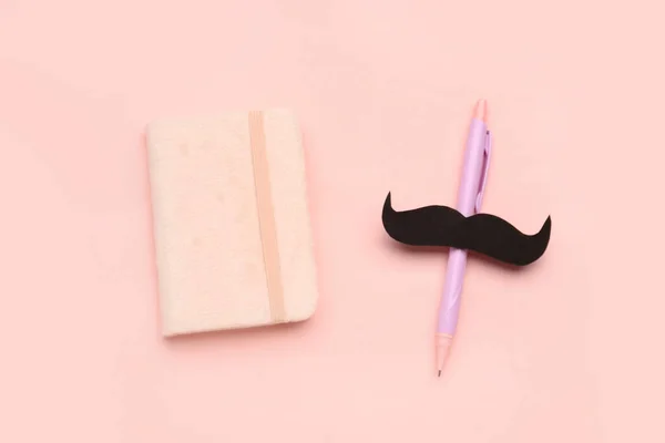 Notebook Pen Paper Mustache Pink Background — Stock Photo, Image