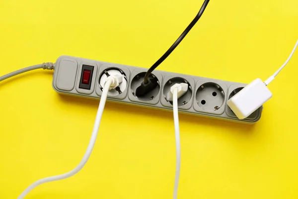 Electric Extension Cord Plugs Yellow Background — Stock Photo, Image