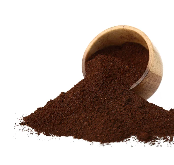 Overturned Wooden Bowl Coffee Powder Isolated White Background — Stock Photo, Image