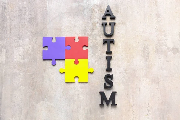 Word AUTISM with puzzle pieces on grunge background
