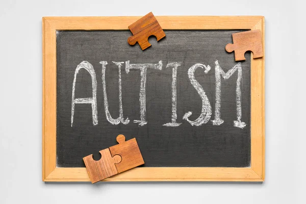 Chalkboard Word Autism Puzzle Pieces Grey Background — Stock Photo, Image