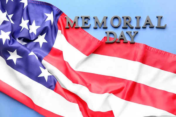 Tekst Memoriële Dag Met Usa Vlag Blauwe Achtergrond — Stockfoto