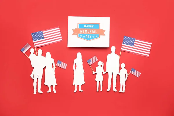 テキスト付きグリーティングカードハッピーメモリアルデー 赤の背景に家族の数字と米国のフラグ — ストック写真